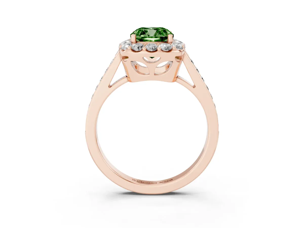 Fancy Green Cushion Cut Diamond Floral Halo Ring with Pavé Band and Prong Setting Rose gold