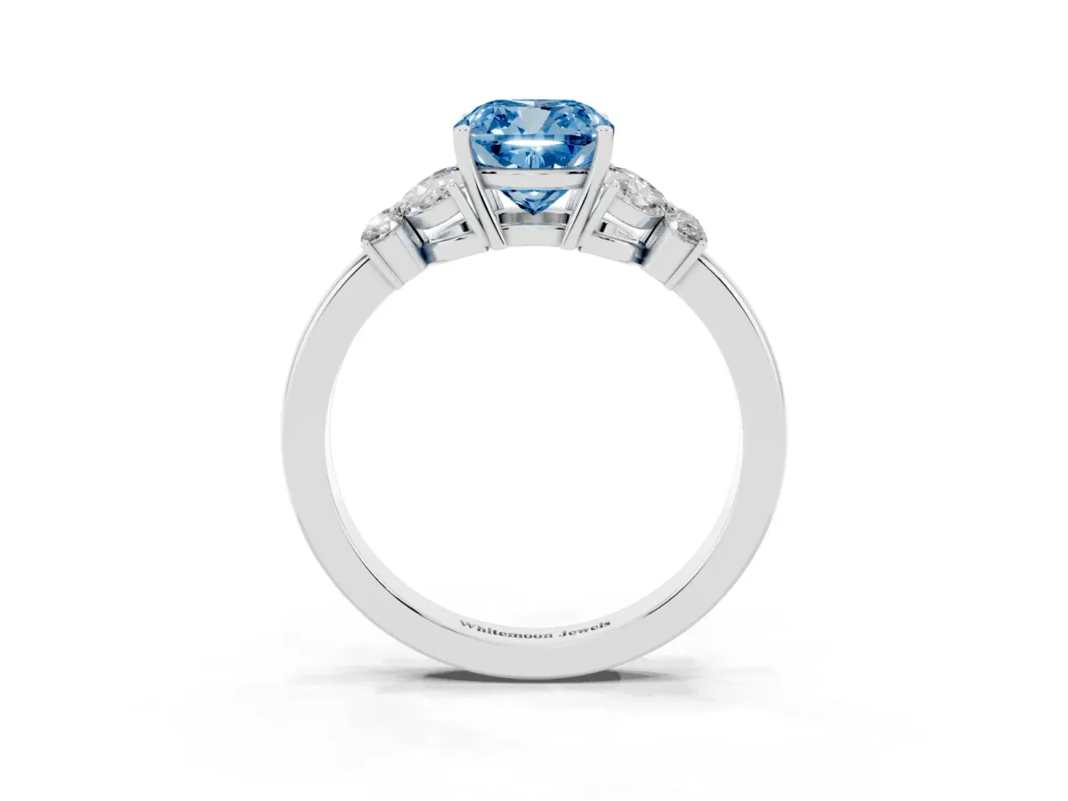 Fancy Blue Cushion Cut Cut Solitaire Floral Diamond Ring with Four-Prong Setting Silver