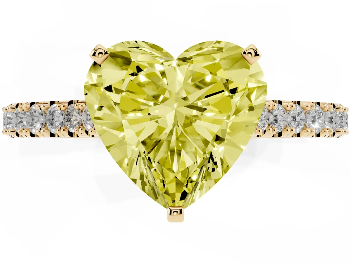 Fancy Yellow Heart Cut Cut Solitaire Diamond Engagement Ring with Pave Band and Four-Prong Setting Yellow gold