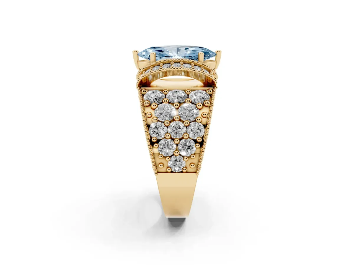 Fancy Blue Marquise Cut Halo Pave Diamond Engagement Ring with Milgrain Detailing Yellow gold