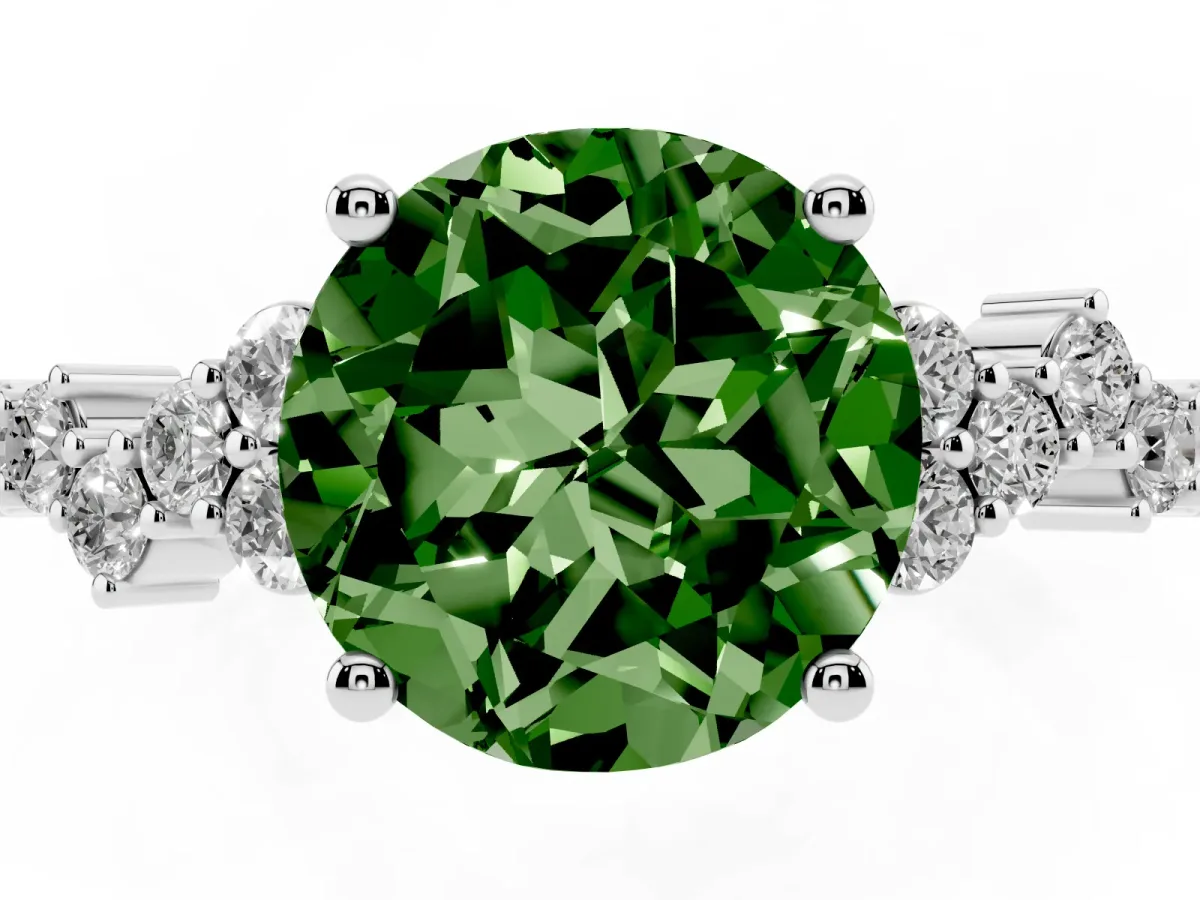 Fancy Green Round Cut Diamond Scattered Round Accent Ring with Prong Setting Platinum