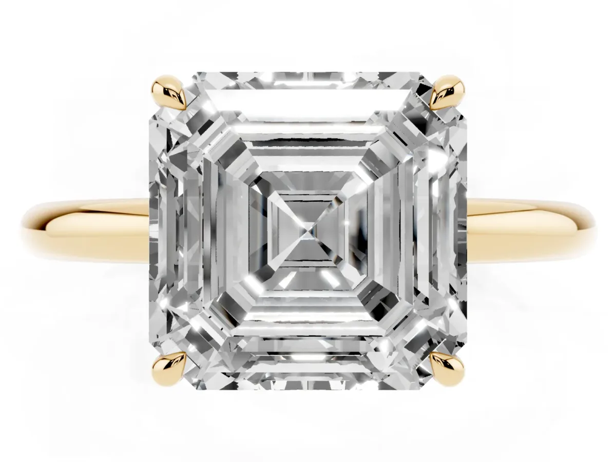 Asscher Cut Diamond Solitaire Ring with Thin Band and Four-Prong Setting Yellow gold