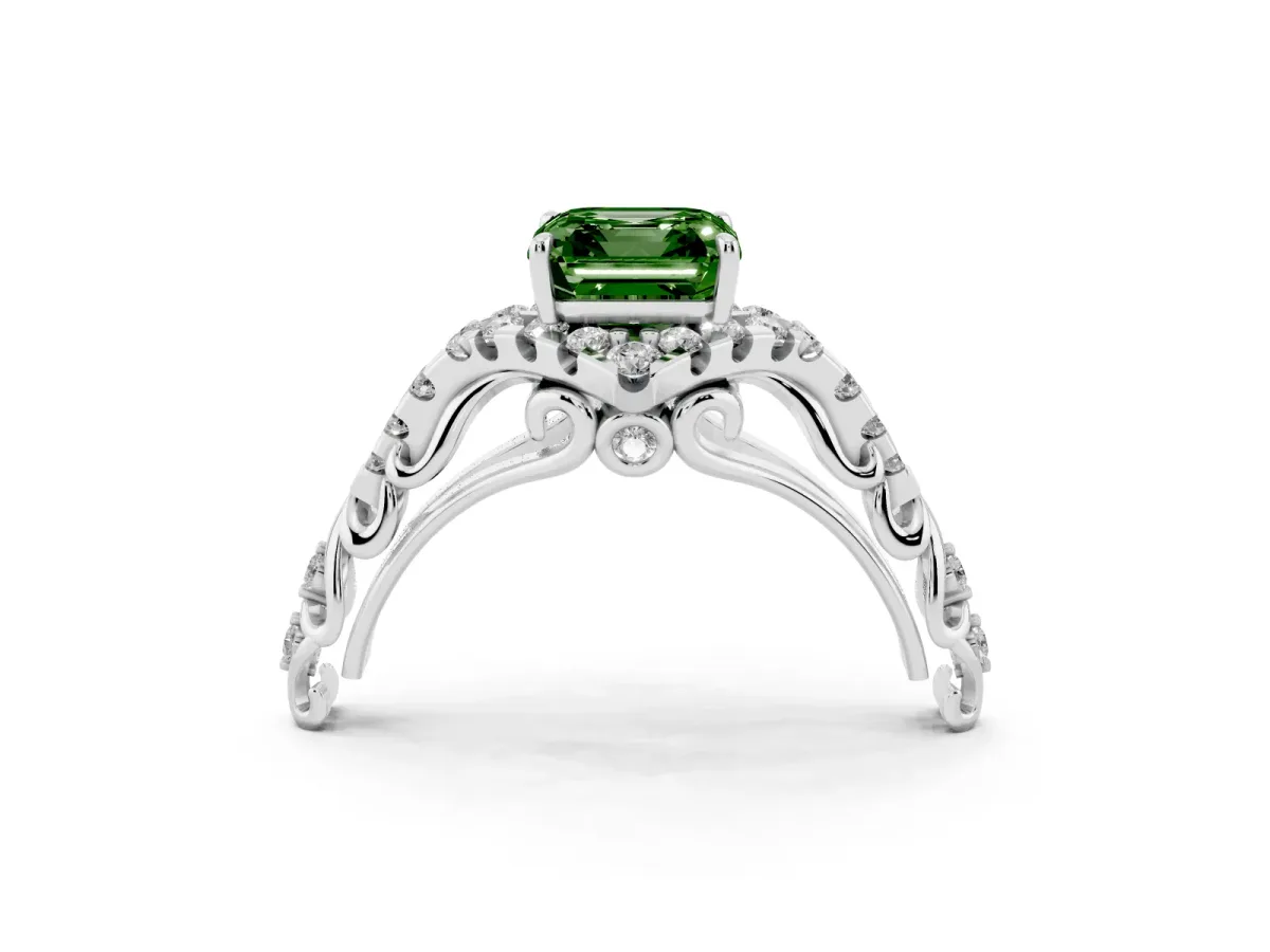 Fancy Green Asscher Cut Diamond Solitaire Ring with Hidden Halo and Pavé Band White gold