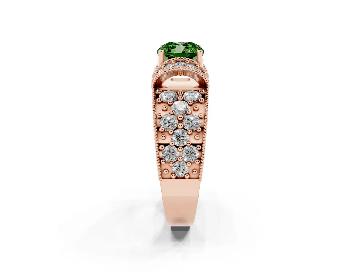 Fancy Green Cushion Cut Halo Pave Diamond Engagement Ring with Milgrain Detailing Rose gold