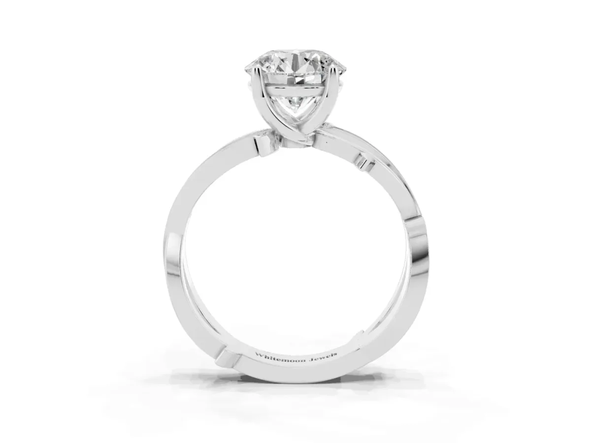Round Cut Solitaire Twist Band with Pavé Accents and Four-Prong Setting Platinum