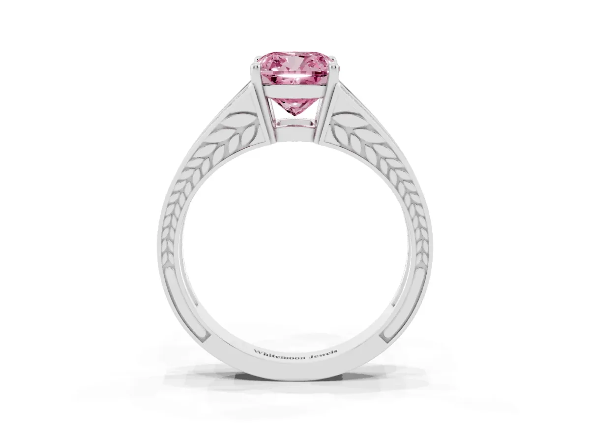 Fancy Pink Cushion Cut Diamond Split Shank Ring with Pavé Band and Four-Prong Setting Silver