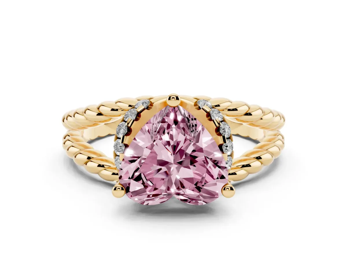 Fancy Pink Heart Cut Halo Twisted Band Four-Prong Ring Yellow gold