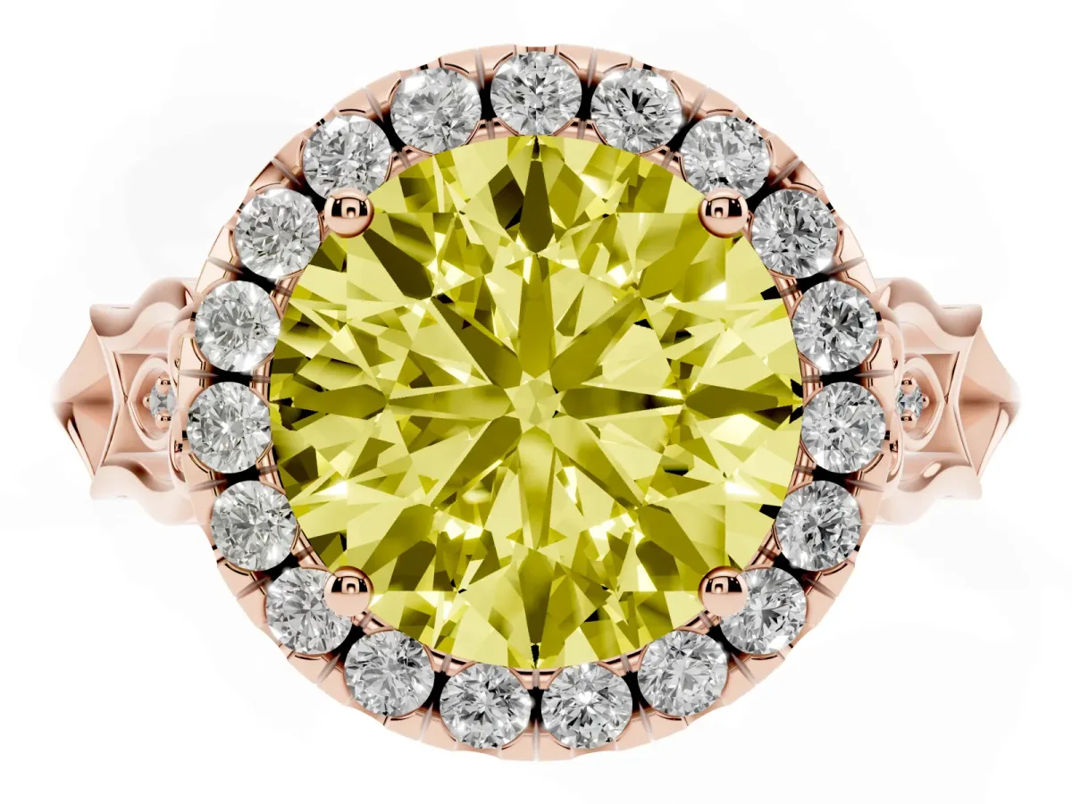 Fancy Yellow Round Cut Halo Diamond Engagement Ring with Filigree Band and Four-Prong Setting Rose gold