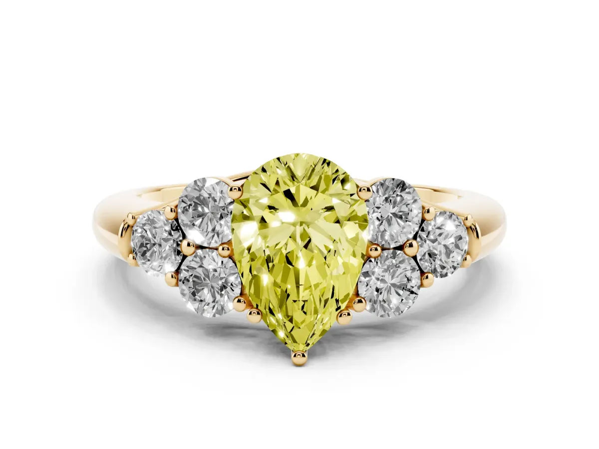Fancy Yellow Pear Cut Cut Diamond Cluster Ring with Round Accent Stones and Prong Setting on a Classic Band Yellow gold