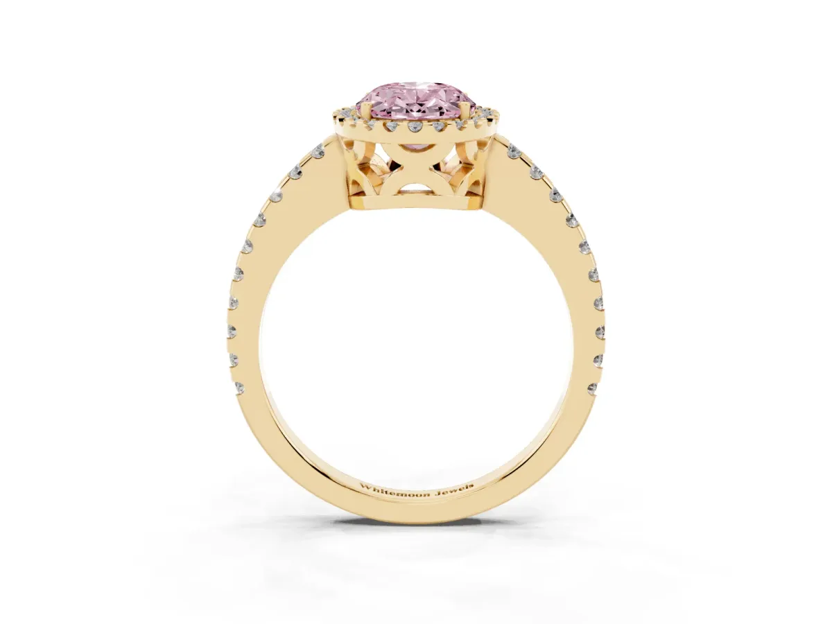 Fancy Pink Oval Cut Diamond Halo Engagement Ring with Pavé Band and Prong Setting Yellow gold