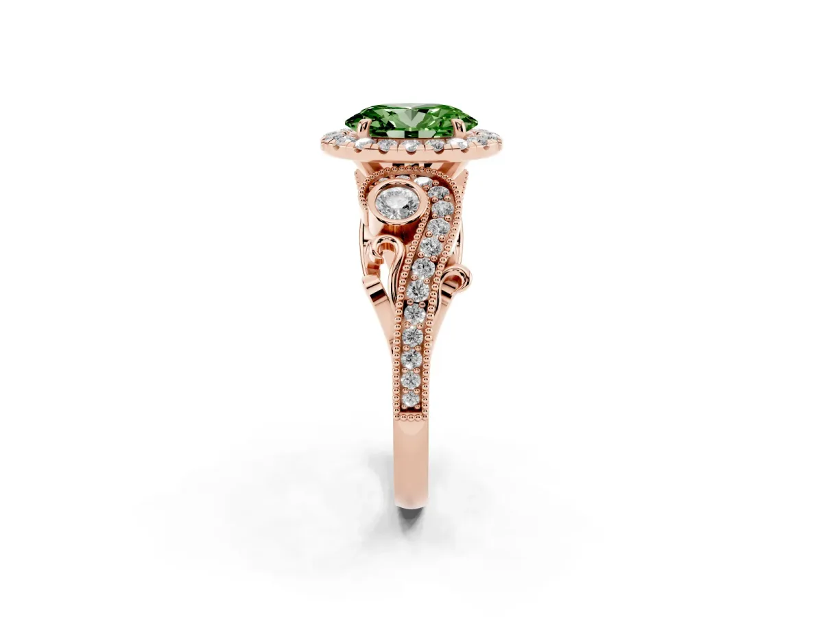 Fancy Green Oval Cut Diamond Halo Ring with Milgrain Pavé Band and Four-Prong Setting Rose gold