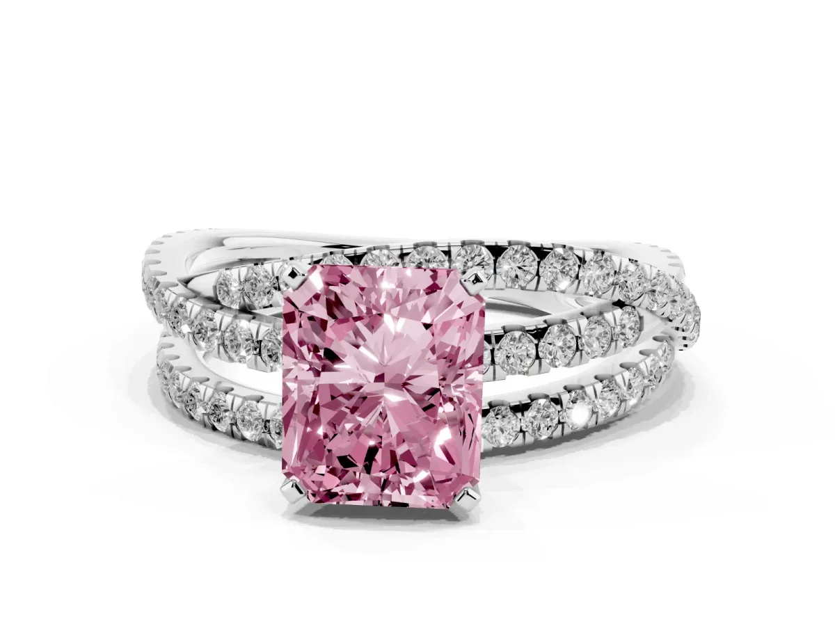 Fancy Pink Radiant Cut Solitaire Twist Band with Pavé Setting and Four-Prong Setting Silver
