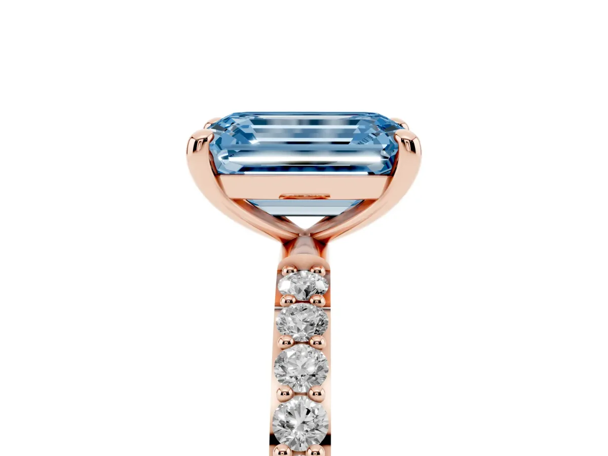 Fancy Blue Emerald Cut Diamond Solitaire Ring with Round Pavé Band and Prong Setting Rose gold
