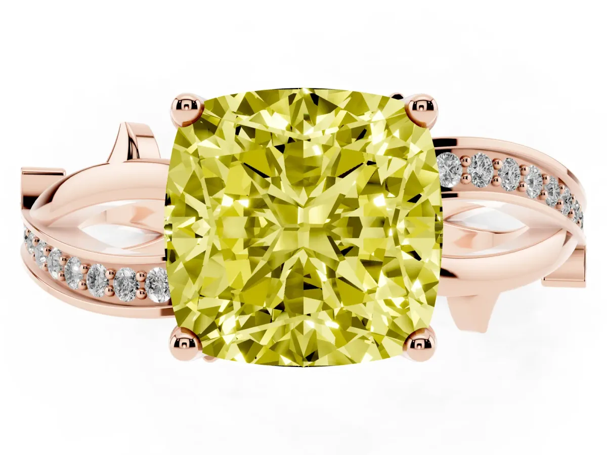 Fancy Yellow Cushion Cut Solitaire Twist Band with Pavé Accents and Four-Prong Setting Rose gold
