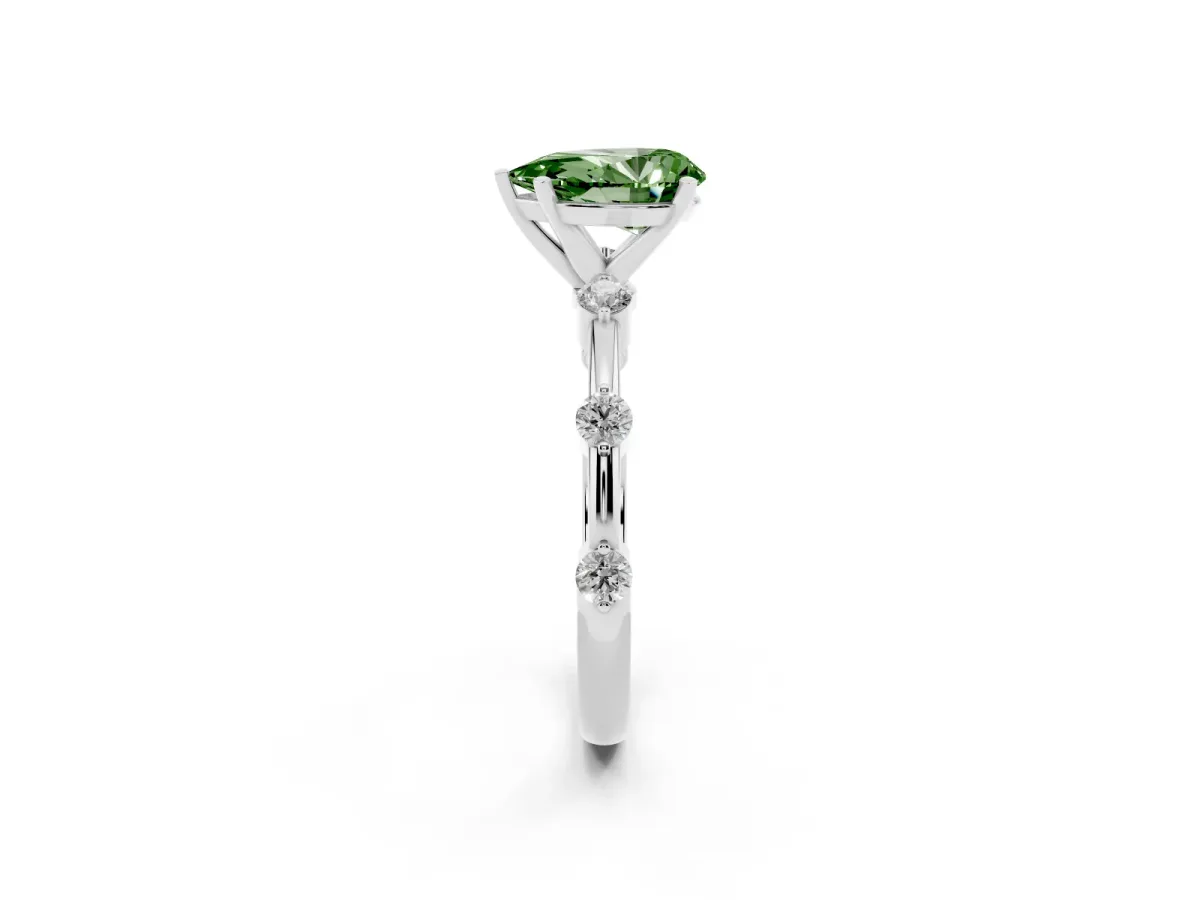 Fancy Green Pear Cut Solitaire Diamond Ring with Bezel Set Side Stones and Prong Setting Platinum