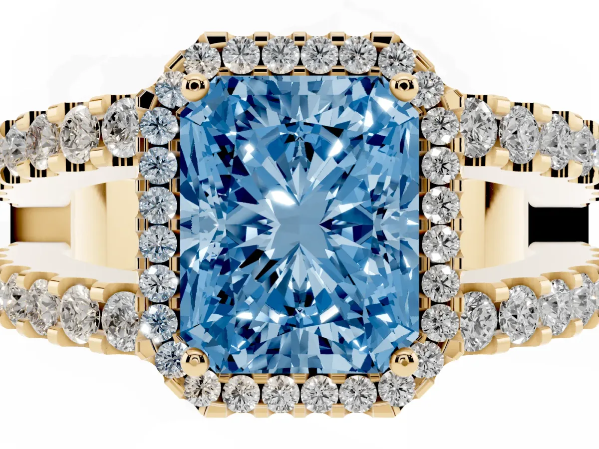 Fancy Blue Radiant Cut Cut Halo Split Shank Diamond Ring with Four-Prong Setting Yellow gold