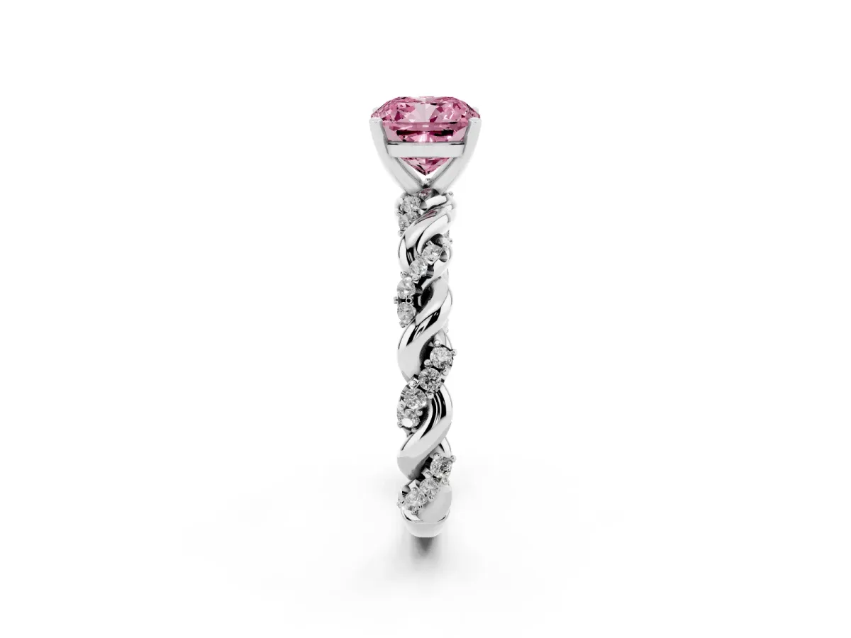 Fancy Pink Cushion Cut Diamond Solitaire Ring with Twisted Band and Pavé Accents Platinum