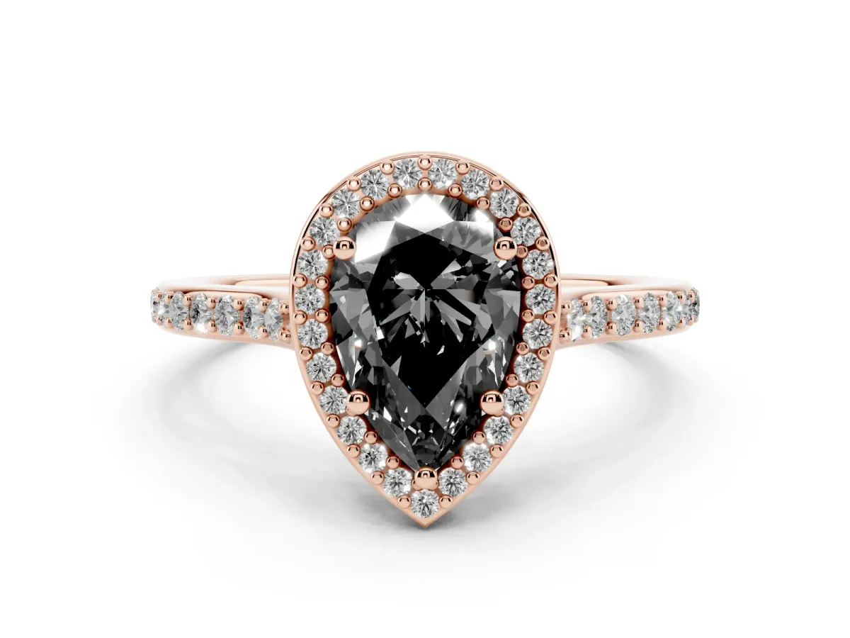 Fancy Black Pear Cut Diamond Halo Engagement Ring with Round Pavé Shoulders and Prong Setting Rose gold