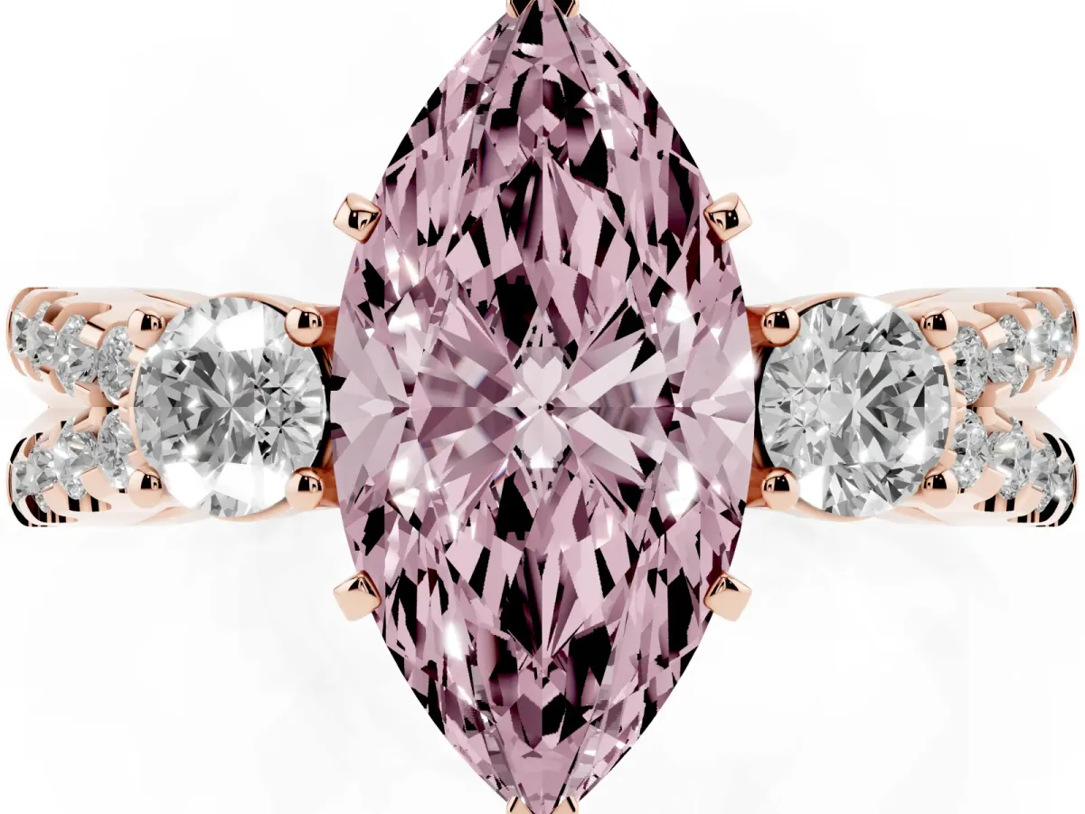 Fancy Pink Marquise Cut Diamond Three-Stone Ring with Pavé Split Shank and Four-Prong Setting Rose gold