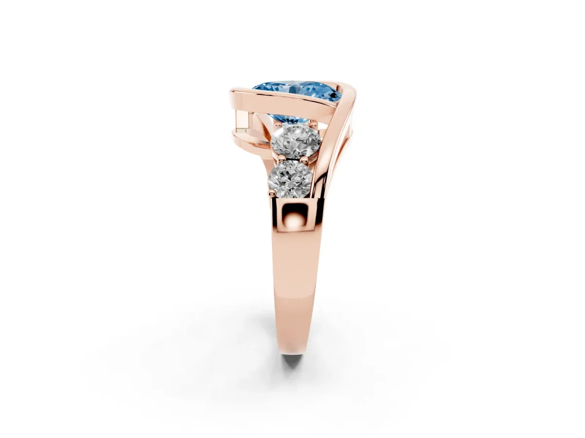 Fancy Blue Bezel Set Oval Cut Diamond Bypass Ring with Round Accents Rose gold