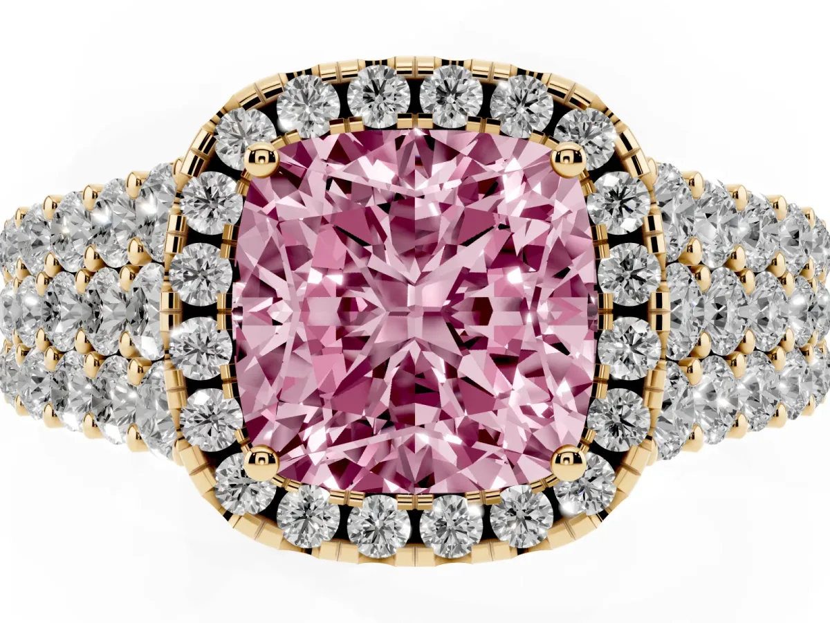 Fancy Pink Cushion Cut Diamond Halo Engagement Ring with Triple Row Round Pavé Band and Prong Setting Yellow gold