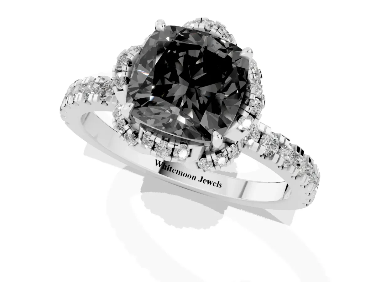 Fancy Black Cushion Cut Diamond Halo Pave Band with Four-Prong Setting Platinum