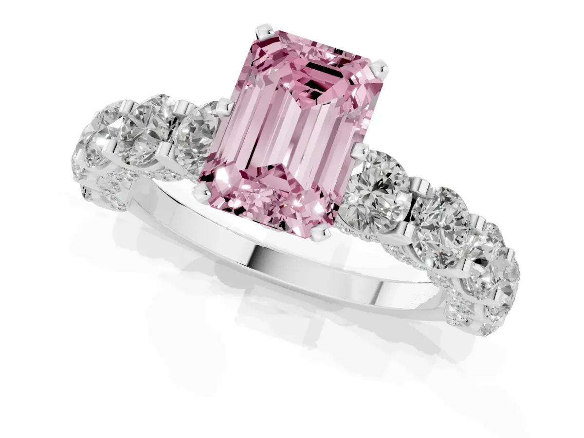 Fancy Pink Emerald Cut Diamond Side Stone Engagement Ring with Four-Prong Setting Platinum