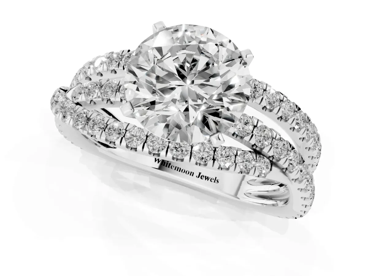 Round Cut Solitaire Twist Band with Pavé Setting and Four-Prong Setting Silver