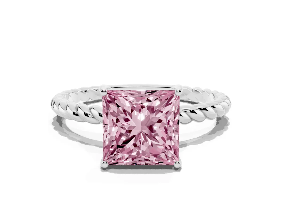 Fancy Pink Princess Cut Solitaire Twisted Band 4-Prong Ring Silver