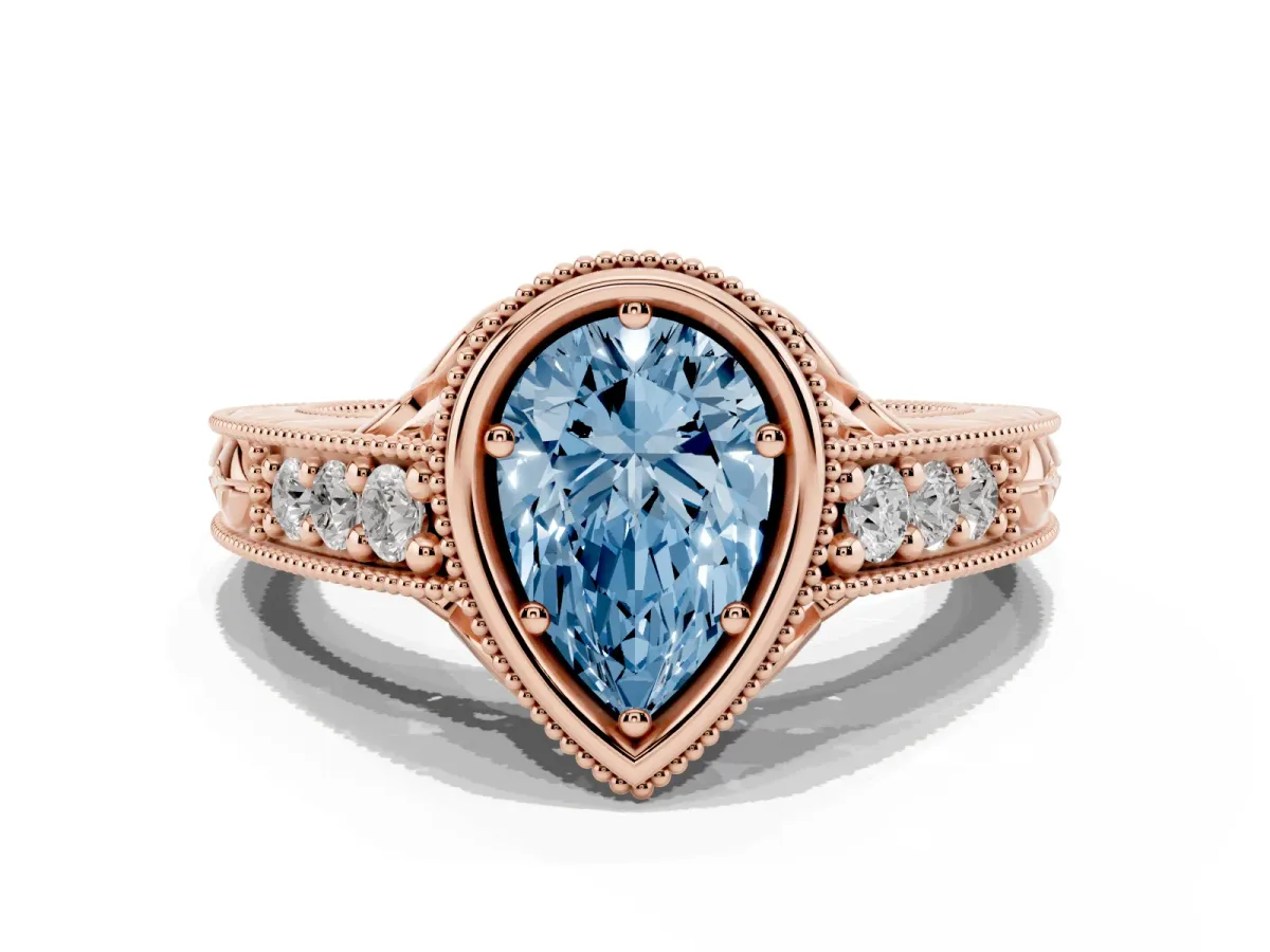 Fancy Blue Bezel Set Pear Cut Diamond Milgrain Pave Engagement Ring Rose gold