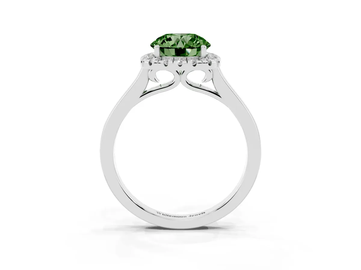 Fancy Green Round Cut Halo Round Diamond Solitaire Ring with Pavé Band and Four-Prong Setting Platinum