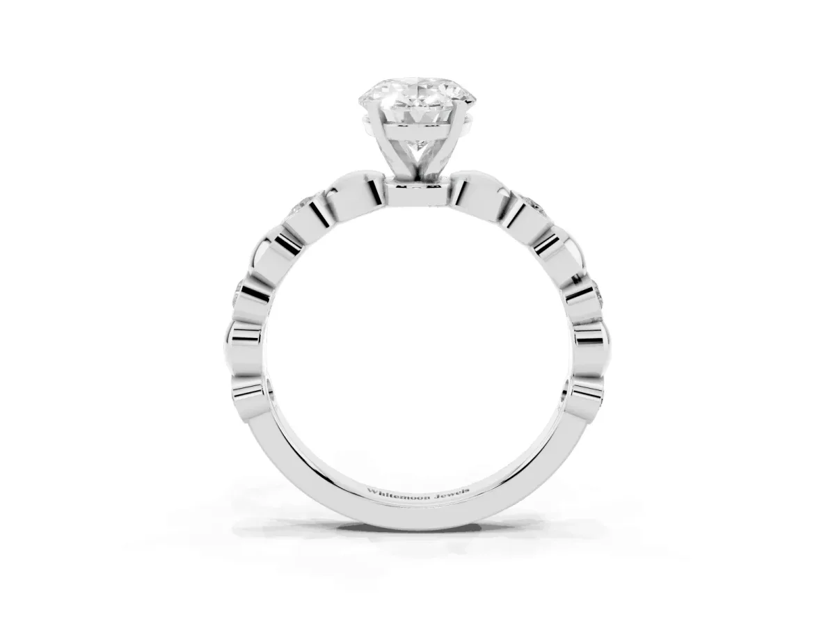 Oval Cut Solitaire Bezel-Set Diamond Ring with Beaded Band and Four-Prong Setting Platinum