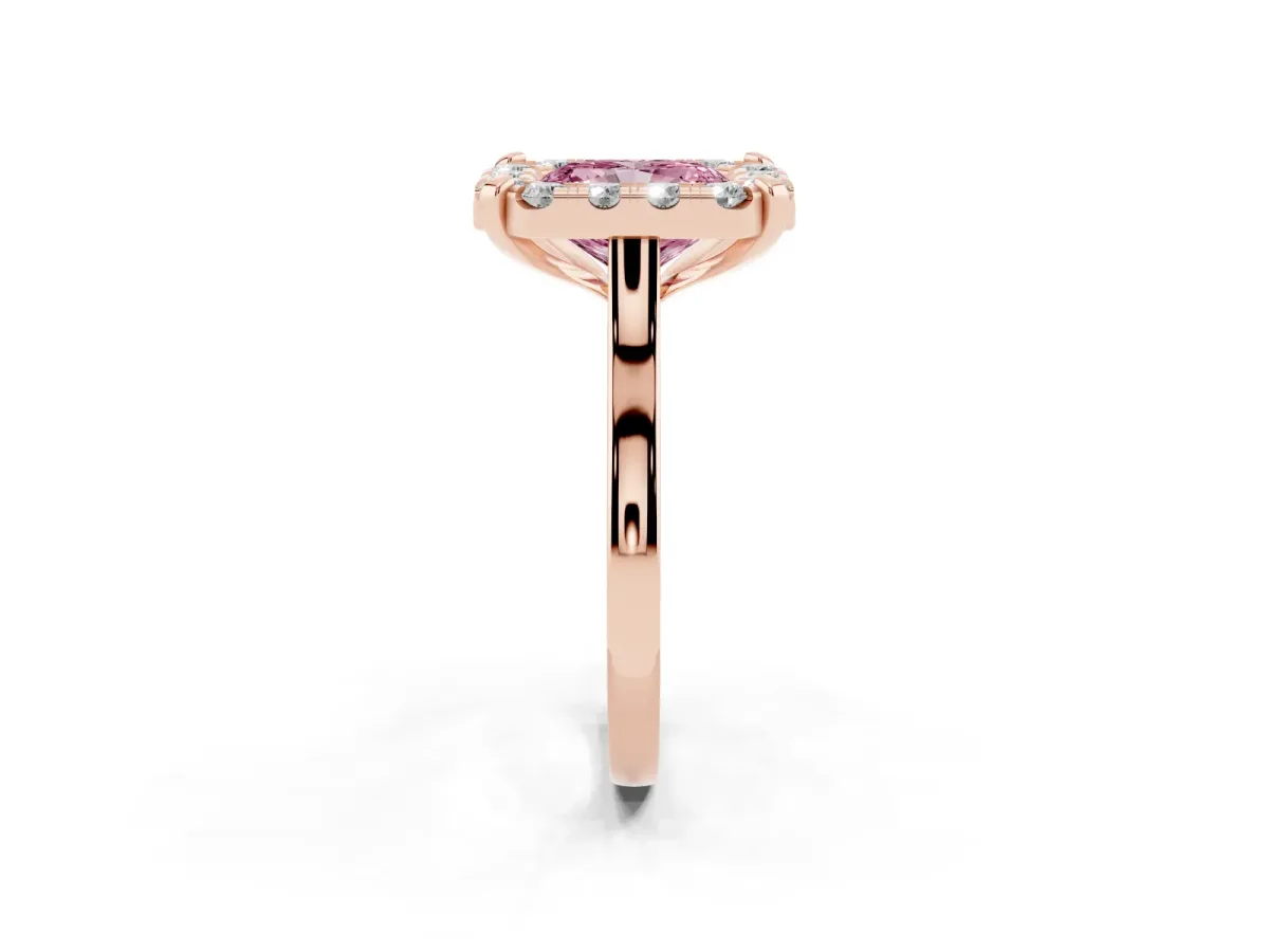 Fancy Pink Radiant Cut Diamond Cluster Halo Solitaire with Four-Prong Setting Rose gold