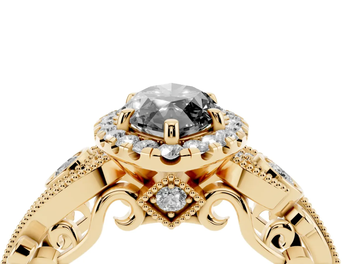 Fancy Black Marquise Cut Halo Diamond Ring with Milgrain and Bezel Accents on a Split Shank Band Yellow gold