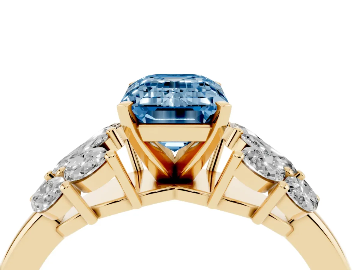 Fancy Blue Emerald Cut Diamond Cluster Leaf Design Ring with Prong Setting Yellow gold