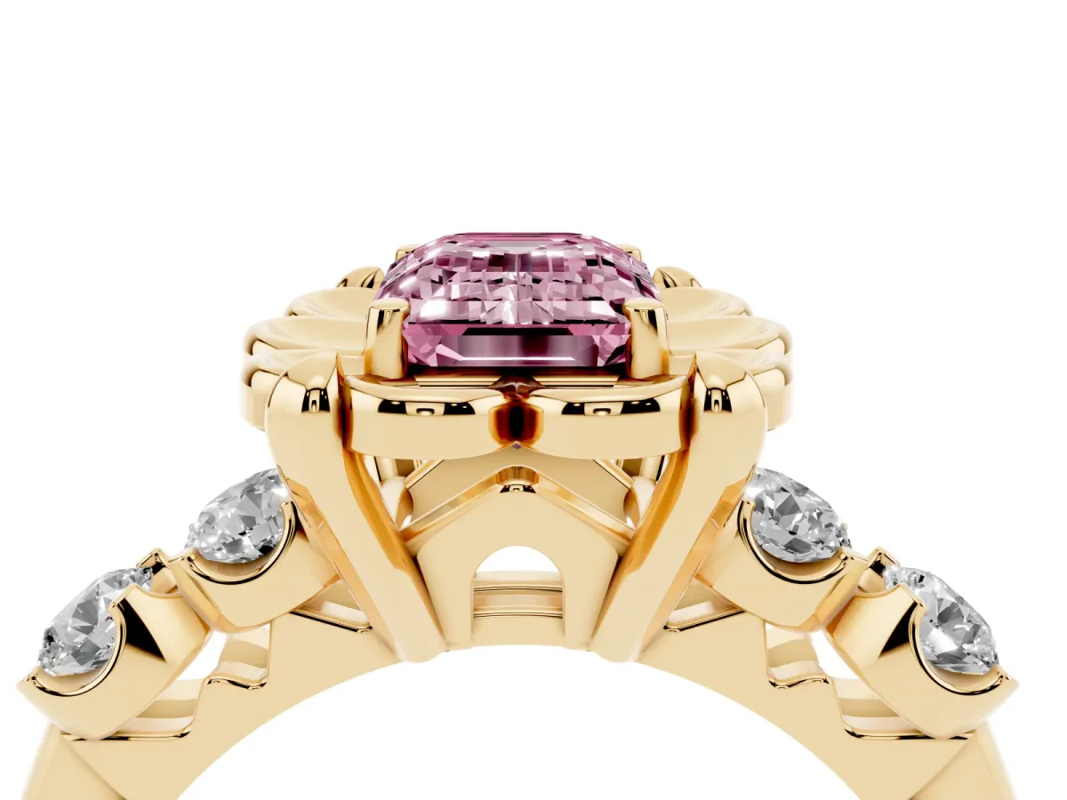 Fancy Pink Emerald Cut Cut Diamond Floral Halo Engagement Ring with Shared Prong Setting Yellow gold