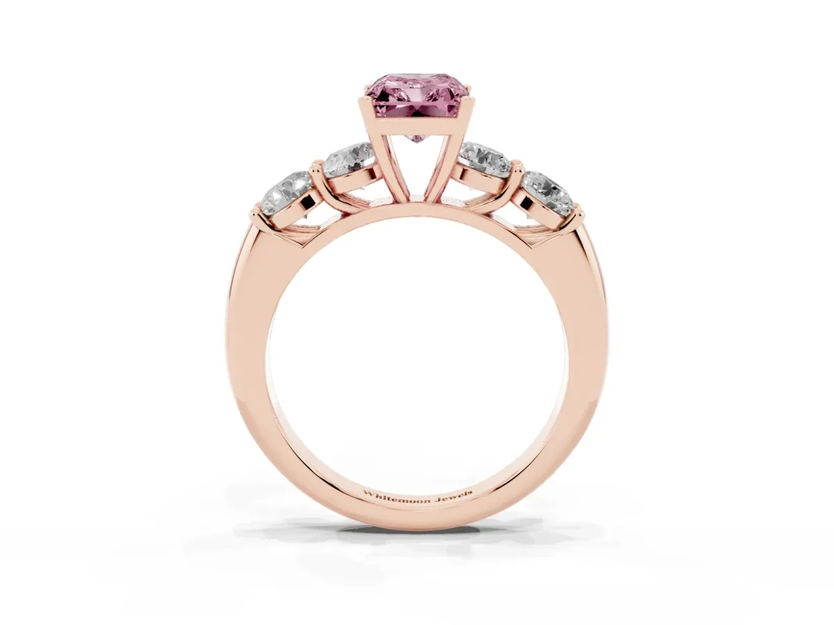 Fancy Pink Radiant Cut Cut Five-Stone Prong Set Diamond Ring with Classic Band Rose gold