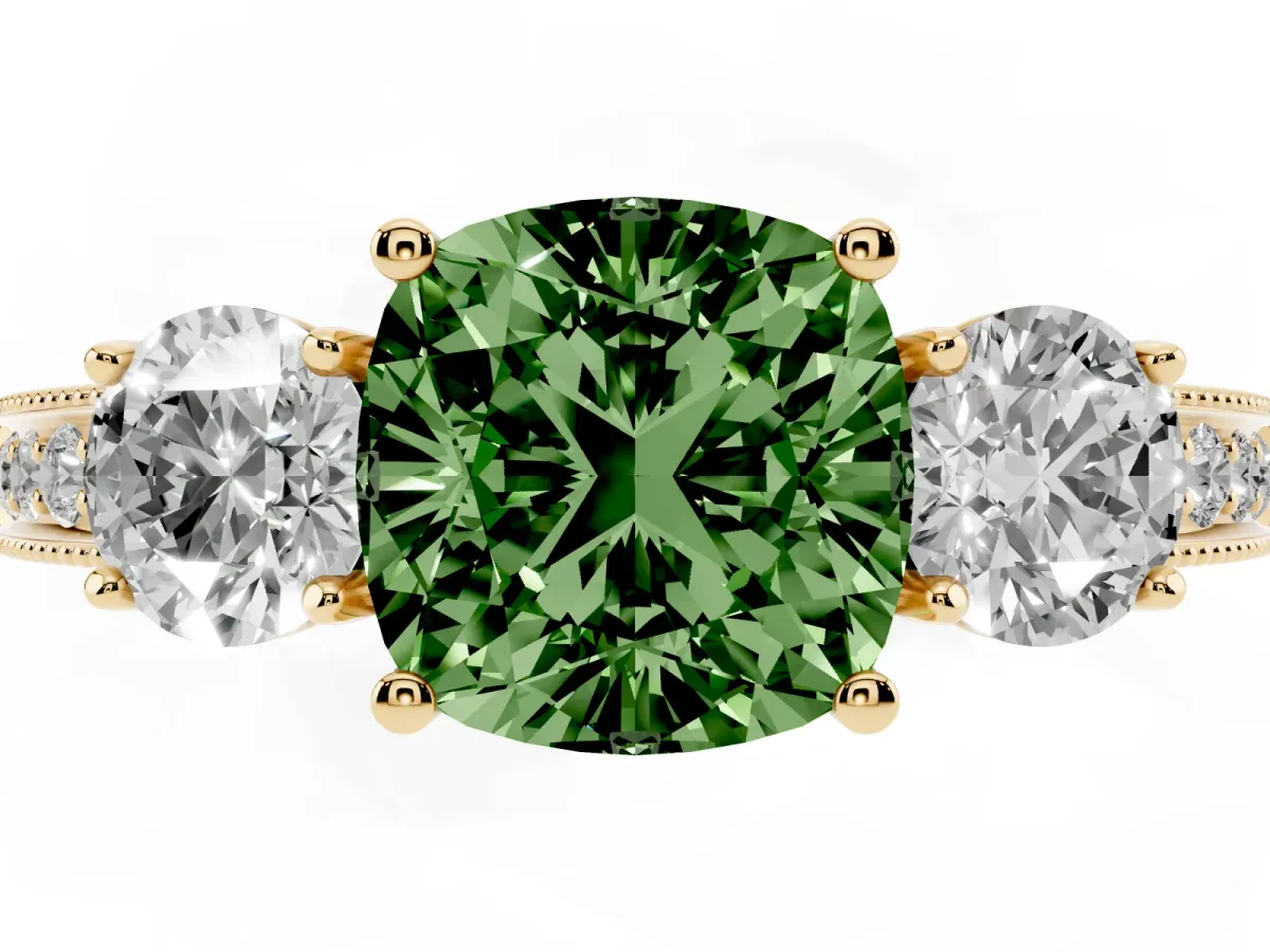 Fancy Green Cushion Cut Three-Stone Diamond Ring with Pavé Band and Four-Prong Setting Yellow gold