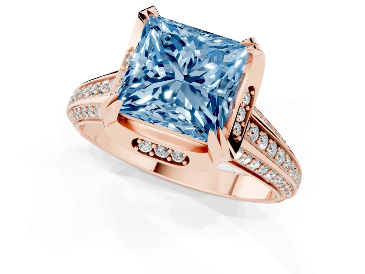 Fancy Blue Princess Cut Solitaire Pave Split Shank Ring with Four-Prong Setting Rose gold