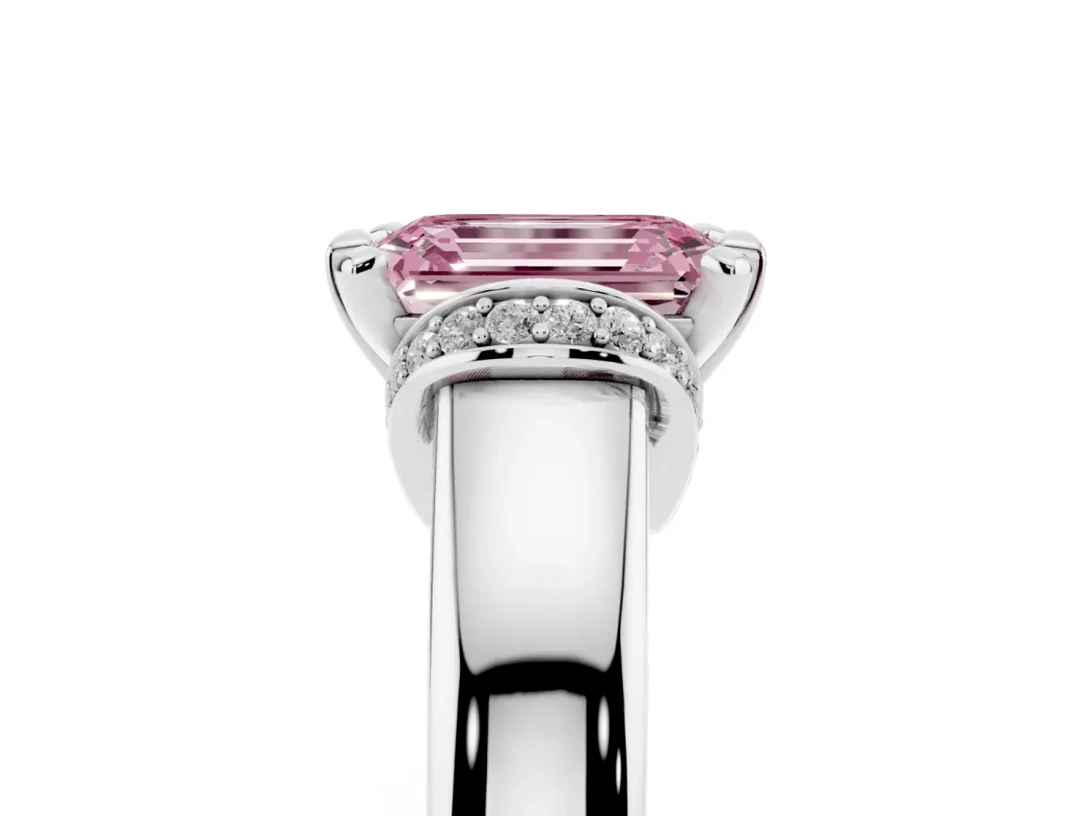 Fancy Pink Emerald Cut Solitaire Diamond Ring with Pave Band and Six-Prong Setting Silver