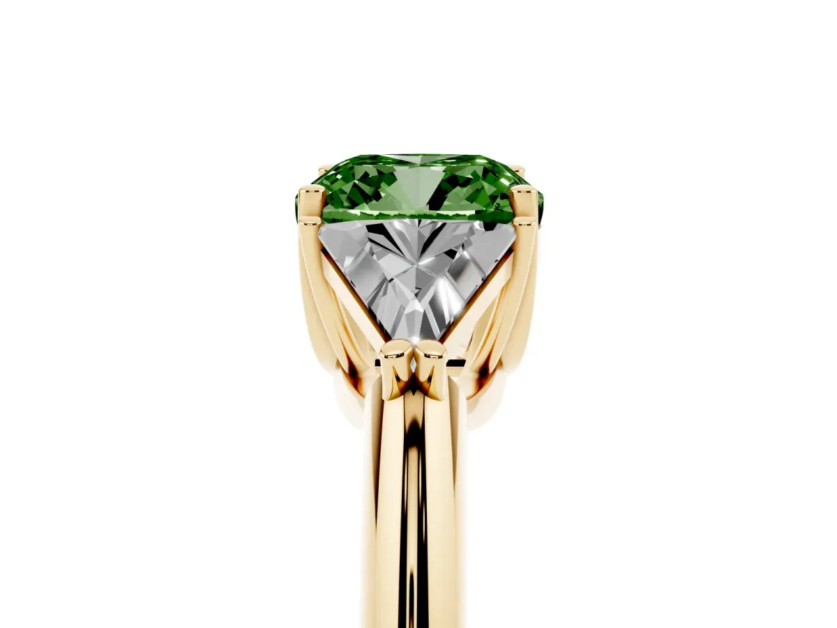 Fancy Green Three-Stone Cushion Cut Diamond Engagement Ring with Trillion Side Stones and Prong Setting Yellow gold