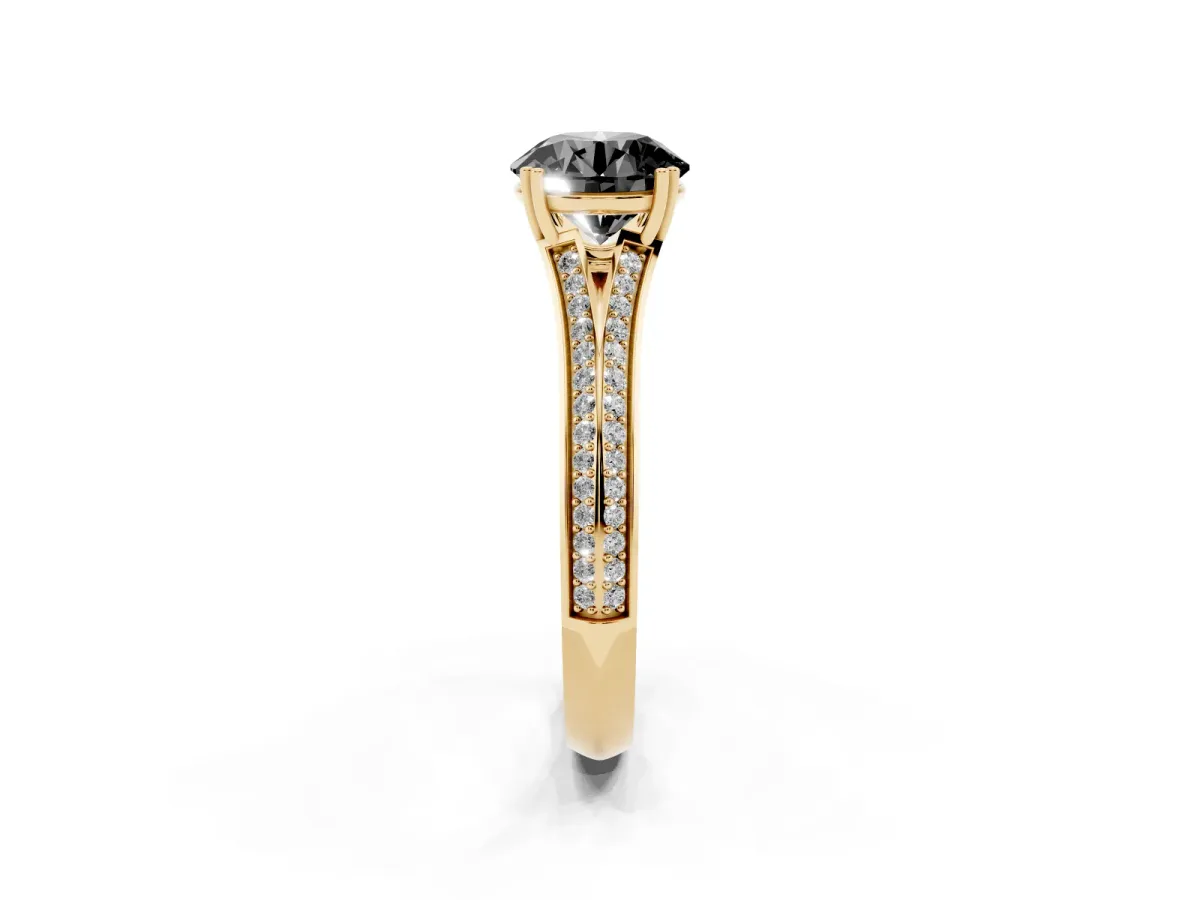 Fancy Black Round Cut Diamond Split Shank Engagement Ring with Pavé Band Yellow gold