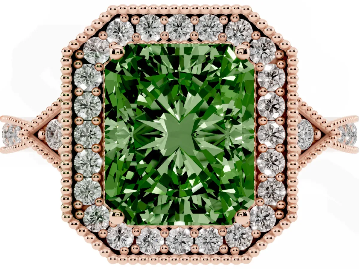 Fancy Green Radiant Cut Halo Round Diamond Milgrain Pave Engagement Ring Rose gold
