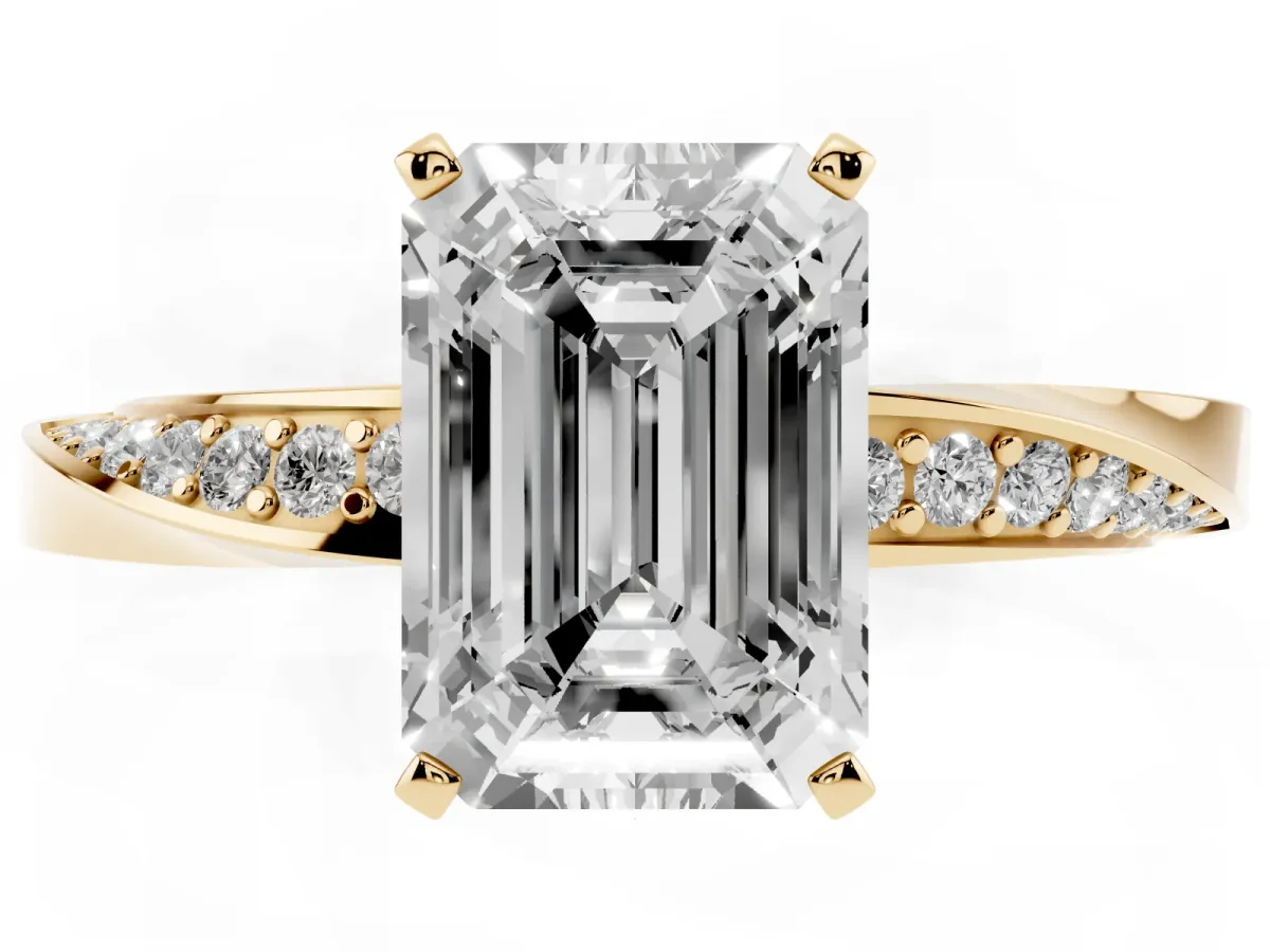 Emerald Cut Diamond Engagement Ring with Side Stone Accents and Four-Prong Setting Yellow gold