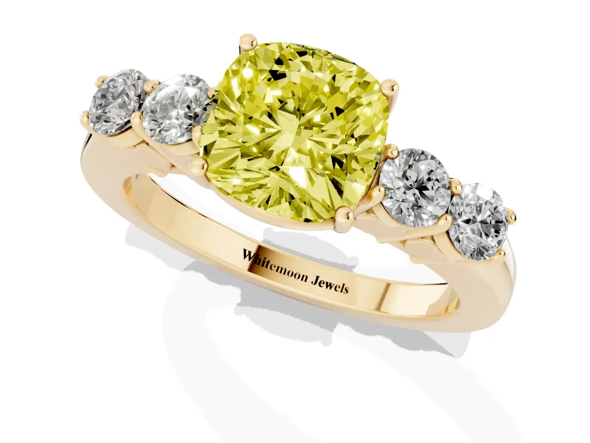 Fancy Yellow Cushion Cut Cut Diamond Five-Stone Prong Set White Gold Ring Yellow gold