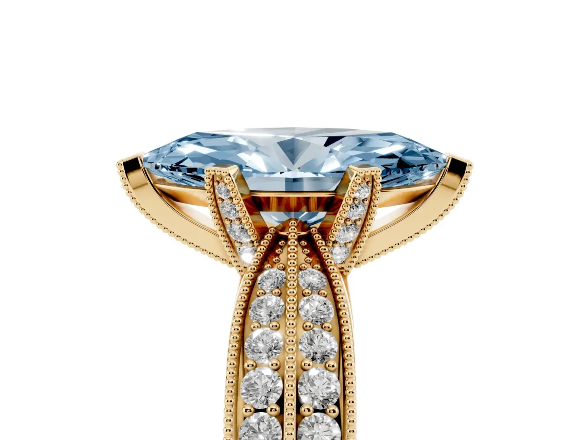Fancy Blue Marquise Cut Diamond Solitaire Ring with Milgrain Round Pavé Band and Prong Setting Yellow gold