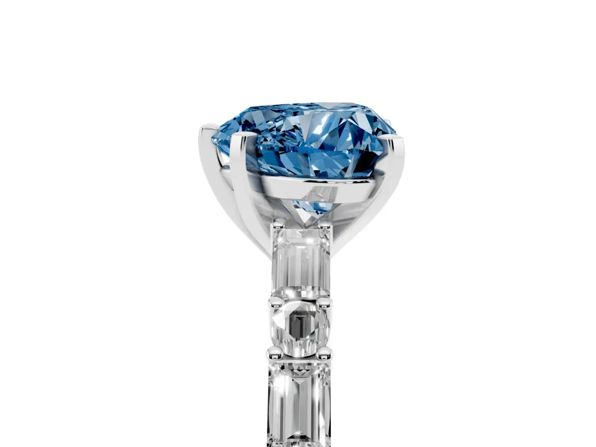 Fancy Blue Heart Cut Diamond Solitaire with Side Baguettes and Channel Set Band Silver