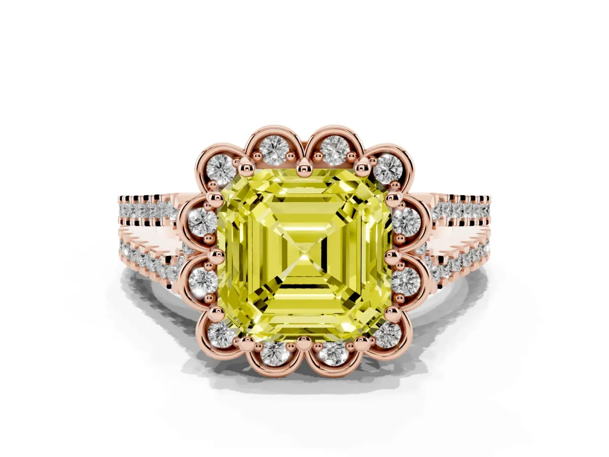 Fancy Yellow Asscher Cut Halo Diamond Floral Split Shank Engagement Ring Rose gold