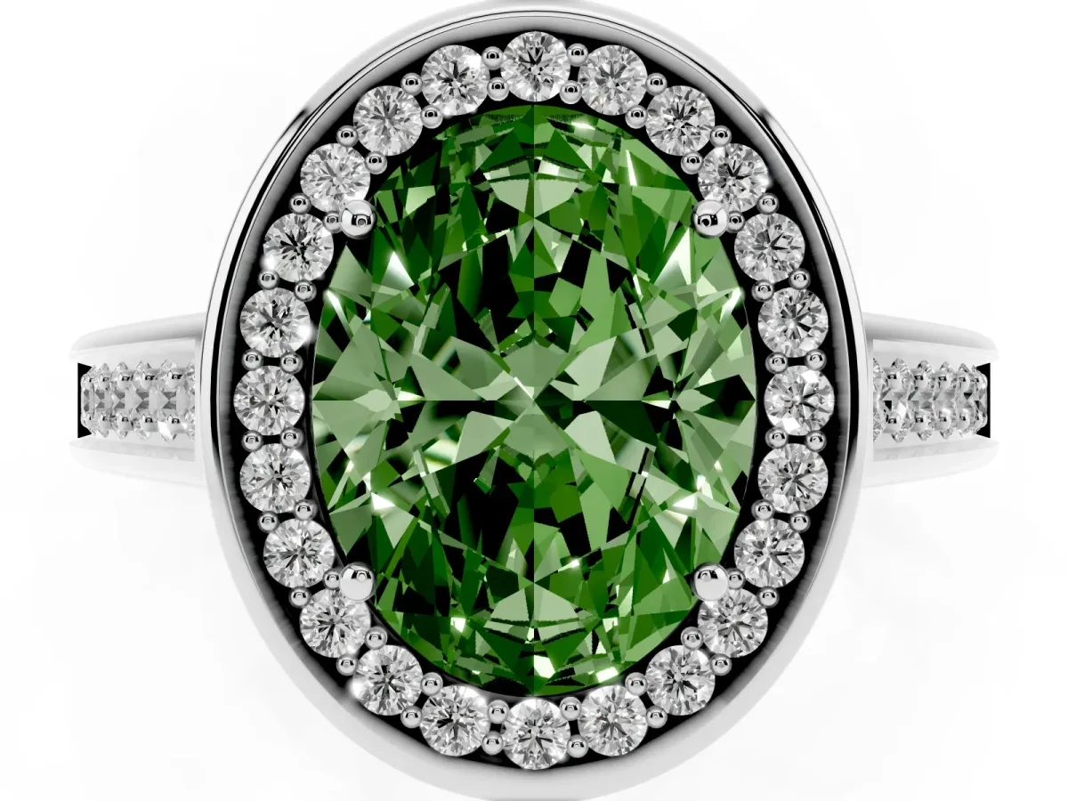 Fancy Green Oval Cut Halo Solitaire Diamond Ring with Pave Band and Bezel Setting Silver