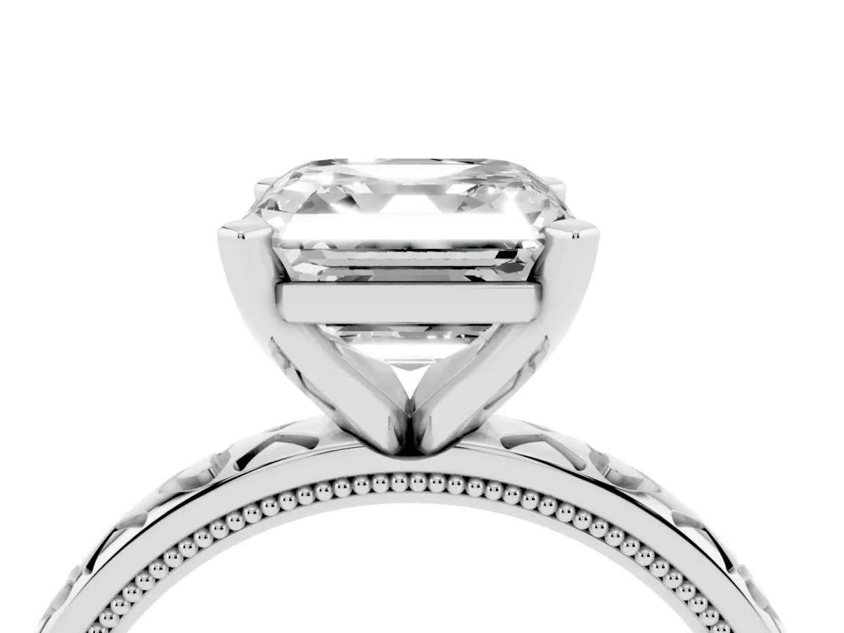 Asscher Cut Solitaire Diamond Engagement Ring with XO Engraved Band and Four-Prong Setting White gold